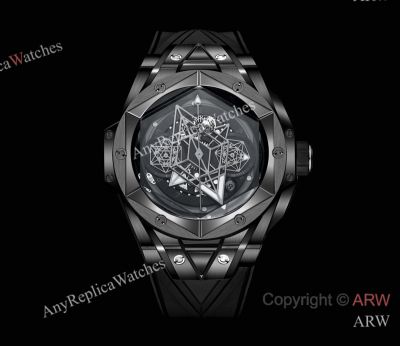High Quality Replica HUBLOT BIG BANG SANG BLEU II Black Fluororubber Strap Black Skeletonized Geometric Face Dial Titanium With Diamond-Set Case Watch 45mm